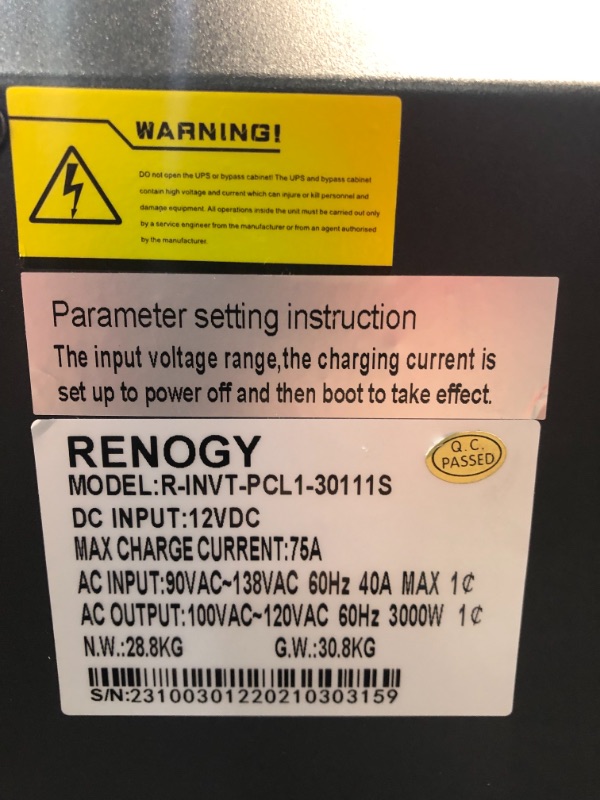 Photo 4 of ***PARTS ONLY*** Renogy 3000 Watt 12V DC to 120V AC Pure Sine Wave Inverter Charger w/LCD Display, 3000W, Lithium Battery Compatibility 9000W Surge
**DOES NOT INCLUDE ANY ACCESSORIES OR POWER CORD**