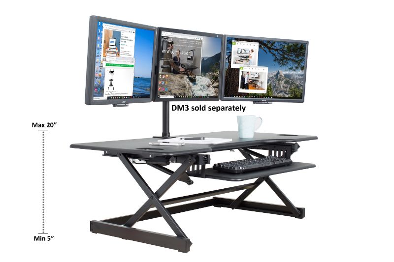 Photo 1 of Rocelco 46 Large Height Adjustable Standing Desk Converter Quick Sit Stand Up Triple Monitor Riser Gas Spring Assist Computer Workstation Retractable Keyboard Tray Black (R DADRB-46)