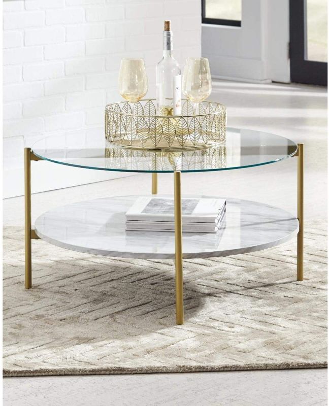 Photo 1 of 32" Round Coffee Table - White Marble Top, Glass Shelf, Gold Legs
