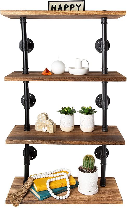 Photo 1 of 4-Tier Industrial Shelves – Wall-Mount, Farmhouse Shelves w/ Distressed Wood and Black Matte Pipe Brackets for Kitchen, Laundry Room, Living-Room and More – Decorative, Retro Bookshelf - Rustic Brown
