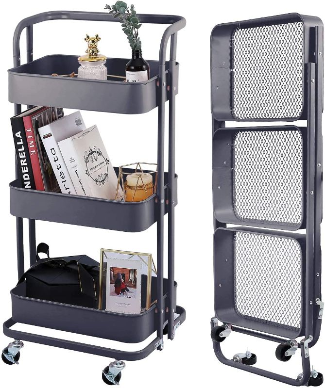 Photo 1 of 3-Tier Foldable Utility Rolling Cart Multifunction Storage Shelves, DARK GRAY