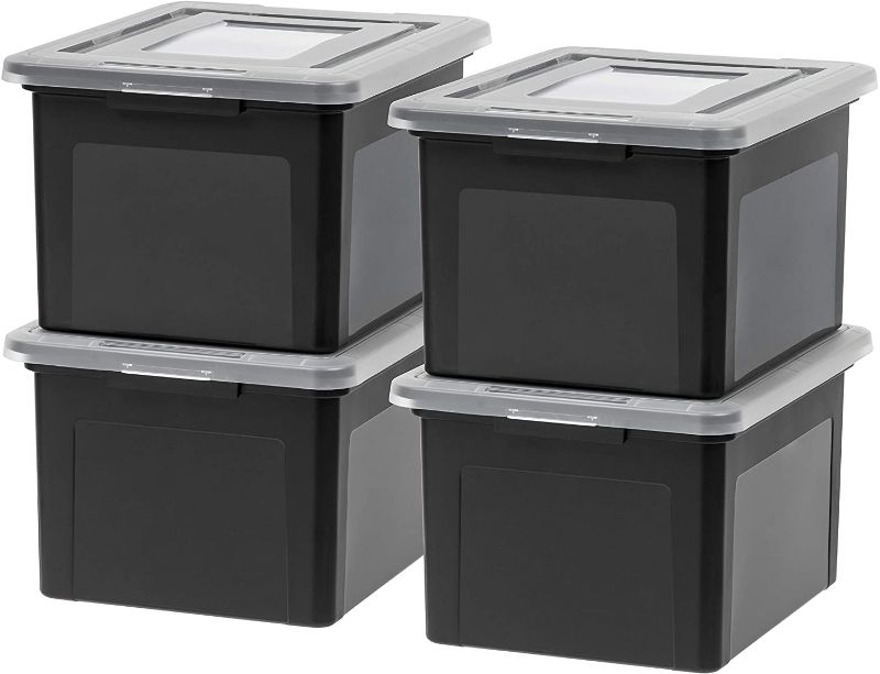 Photo 1 of *3 lids are broken at the corner*
Plastic Storage Bin  4 Pack, Black.