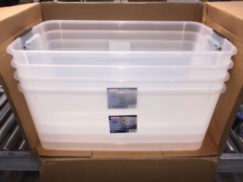 Photo 2 of *One Box is Damaged*
Sterilite 116 Quart Ultra Latching Clear Plastic Storage Tote Container, 4 Pack