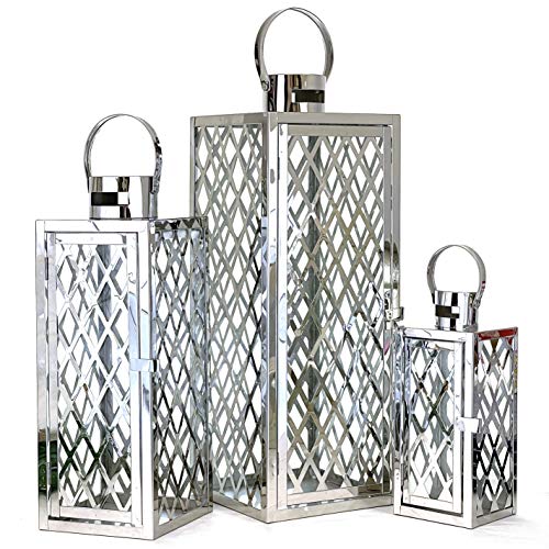 Photo 1 of Allgala 3-PC Set Jumbo Luxury Modern Indoor/Outdoor Hurricane Candle Lantern Set with Chrome Plated Structure and Tempered Glass-Diamond Silver-HD8805
