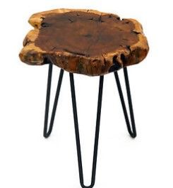 Photo 1 of 16'' Unique Shape Natural Wood Stump Rustic Surface End/Side Table w/ Metal Legs
