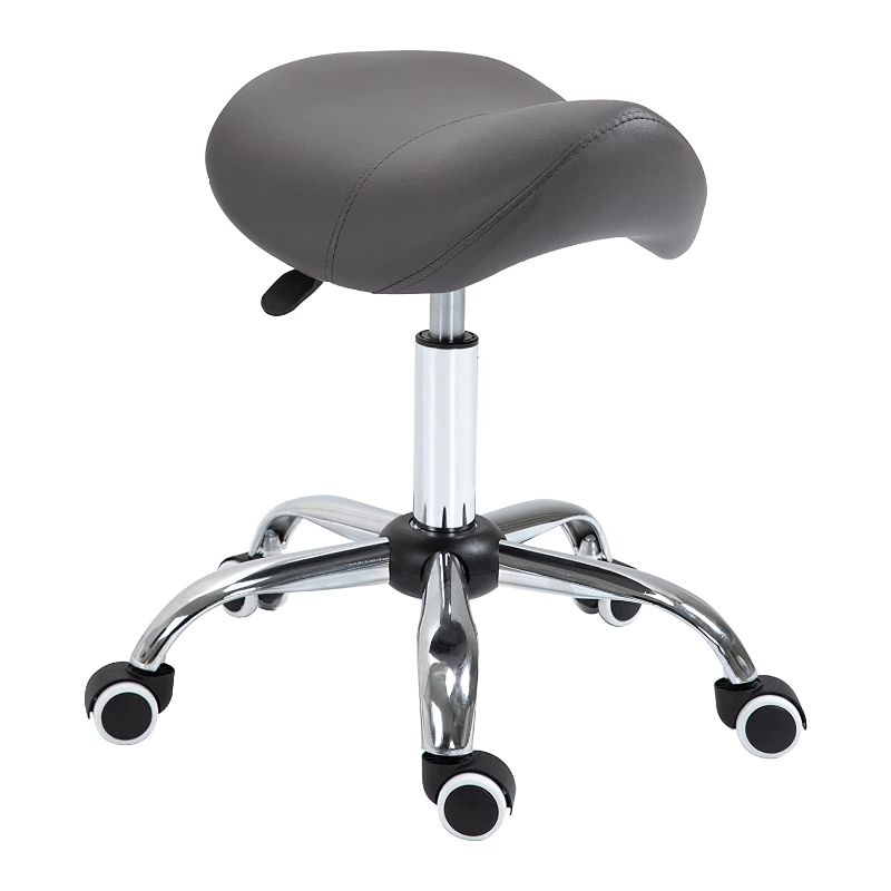 Photo 1 of HOMCOM Ergonomic Rolling Saddle Stool PU Leather Hydraulic Spa Stool Height Adjustable Swivel Drafting Medical Salon Chair, Grey
