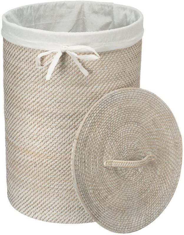 Photo 1 of KOUBOO 1030040 Round Rattan White Wash Hamper with Liner, 17" x 17" x 24"
