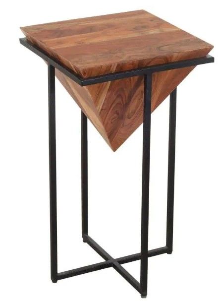 Photo 1 of 26 in. Brown and Black Pyramid Shape Wooden Side Table with Cross Metal Base
