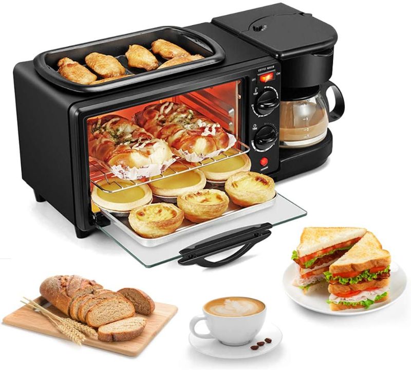 Photo 1 of 3-in-1 Breakfast Station, 4-Cup Coffeemaker NonStick Griddle Toaster Oven, Family Size Electric Breakfast Machine Multifunctional Breakfast Center Station with Tray Bakewave, Black(Black)
