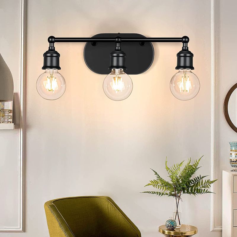 Photo 1 of 3-Light Vanity Light Fixture, Industrial Wall Sconce Lighting Black, Farmhouse Bathroom Vanity Wall Lights E26 Base, Vintage Metal Indoor Wall Lamp for Mirror Cabinet Kitchen Bedroom
