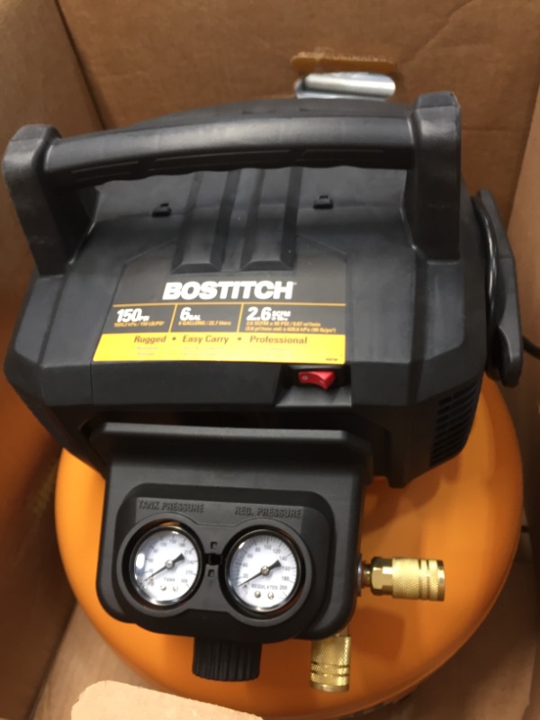 Photo 3 of ***tank does not hold pressure***Bostitch BTFP2KIT 2-Piece Nailer and 6 Gallon Oil-Free Pancake Air Compressor Combo Kit