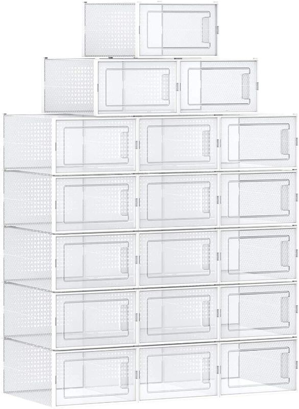Photo 1 of  Shoe Boxes, Pack of 18 Stackable Shoe Storage Organizers, Foldable and Versatile for Sneakers, Fit up to US Size 12, Transparent and White ULSP18MWT
