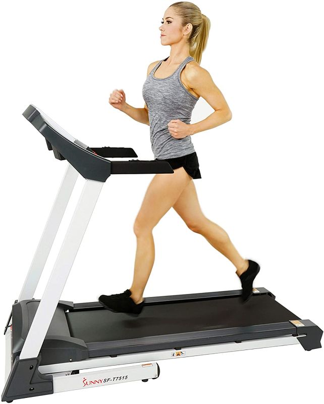 Photo 1 of Sunny Health & Fitness SF-T7515 Smart Treadmill with Auto Incline, Speakers, Bluetooth, LCD and Pulse Monitor, Phone Function, 240 LB Max Weight , grey
