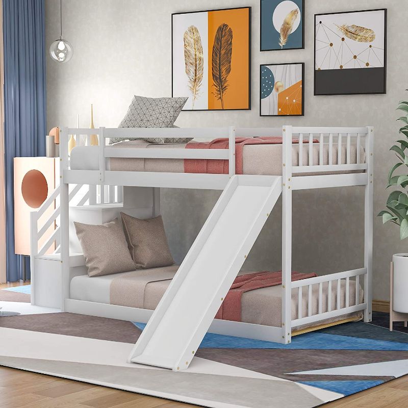 Photo 1 of *****INCOMPLETE BOX 1 OF 2 ONLY*****Solid Wood Low Bunk Bed for Kids, Twin Over Twin Floor Bunk Bed with Slide and Stair, Stairway with Storage Shelves/Handrail, Space-Saving Bedroom Dormitory Furniture (White)
