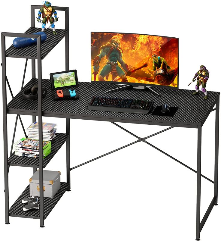 Photo 1 of Bestier Gaming Desk 47 Inch with Storage Shelves Computer Desk with Bookshelf Reversible Home Office Corner Table for Small Space Bedroom, Carbon Fiber
//MINOR DAMAGE TO CORNER AND MINOR COSMETIC DAMAGE 
