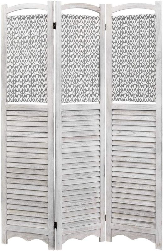 Photo 1 of //SIMILAR TO REFERENCE PHOTO, MINOR DAMAGE WITH SCRATCH //
MyGift 3-Panel Louvered Rustic Gray on White Room Divider with Wood Frame & Decorative Fabric Screen

