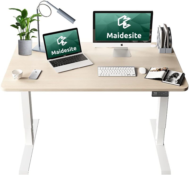 Photo 1 of //MINOR COSMETIC DAMAGE ON ENDS// MAIDeSITe Electric Height Adjustable Standing Desk with 4 Memory Controller, 48X24 Inch Sit to Stand Desk for Home Office Rising Desk,Stand up Desk with The Whole Piece Board, Oak Desktop/White Frame
