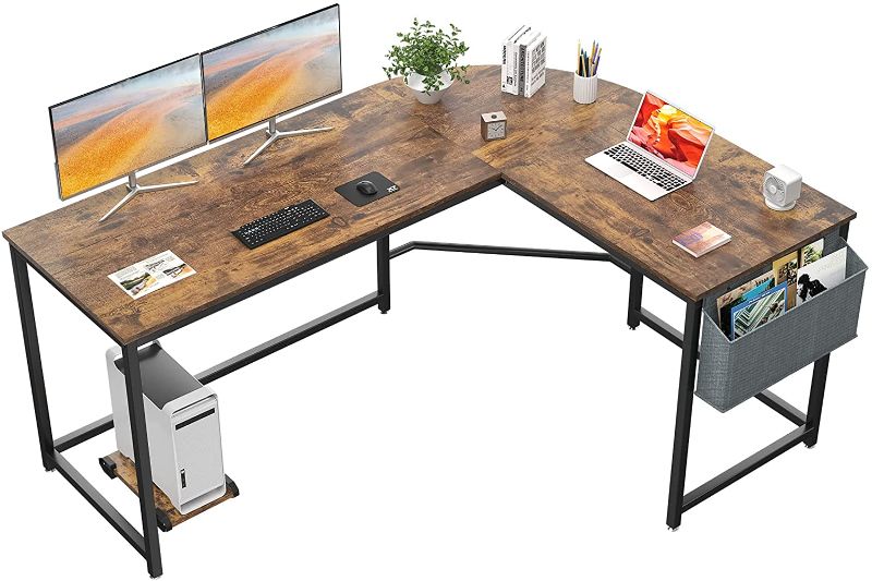 Photo 1 of Homfio L Shaped Desk 58’’ Computer Corner Desk Gaming Desk PC Table Writing Large L Study Desk Home Office Workstation Modern Simple Multi-Usage Desk with Storage Bag Space-Saving Table, Rustic Brown
