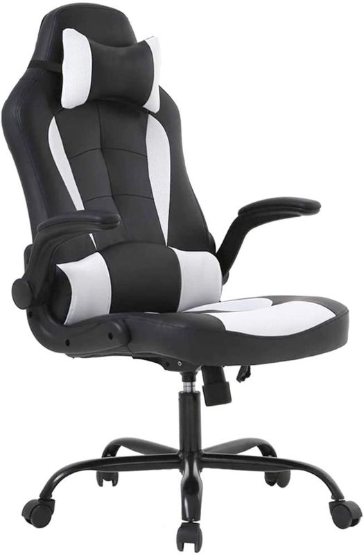 Photo 1 of PC Gaming Chair Ergonomic Office Chair Desk Chair with Lumbar Support Flip Up Arms Adjustable Headrest High Back PU Leather Racing Rolling Swivel Executive Computer Chair for Women Adults Girls,White
