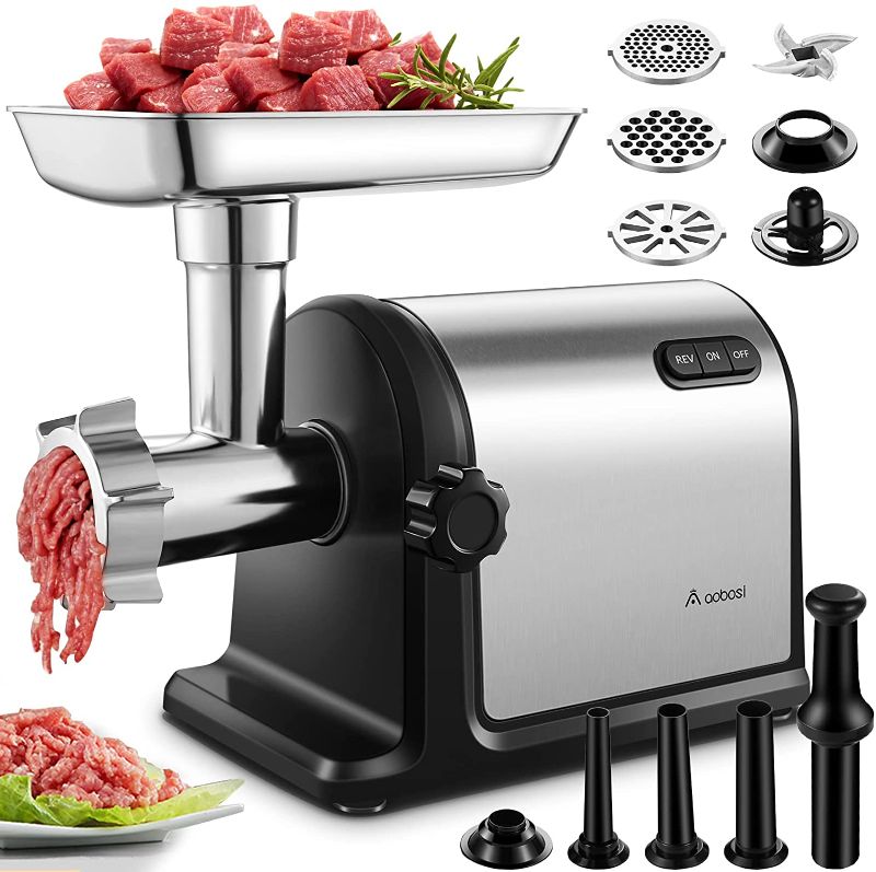 Photo 1 of AAOBOSI Electric Meat Grinder ?2000W Max ?Heavy Duty Stainless Steel Meat Mincer with 3 Grinding Plates, 3 Sausage Stuffer Tubes & Kubbe Attachments,Easy One-Button Control
