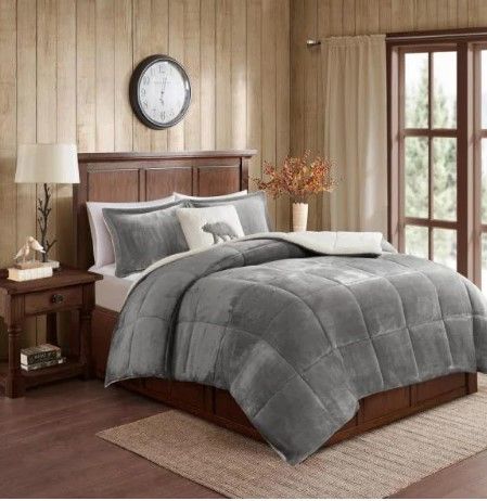 Photo 1 of Alton 4-Piece Charcoal/Ivory Full/Queen Plush to Sherpa Down Alternative Comforter Set
