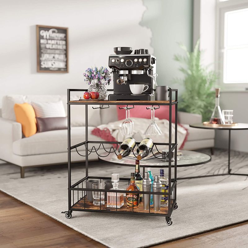 Photo 1 of Industree 3-Tier Bar Cart with Wine Rack, Elegant Rustic Mobile Kitchen Cart with Storage, Microwave Cart, Coffee Cart, Wine Cart, Industrial Vintage Style Wood Metal Home Bar & Serving Cart
