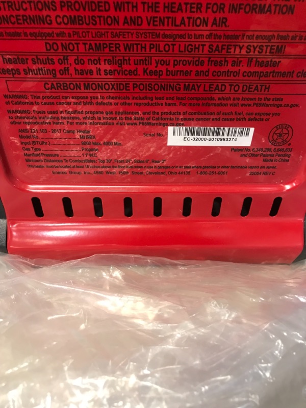 Photo 4 of *MISSING propane tank*
Mr. Heater F232000 MH9BX Buddy 4,000-9,000-BTU Indoor-Safe Portable Propane Radiant Heater, Red-Black
