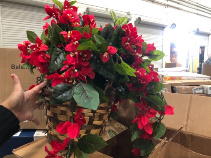 Photo 1 of Nearly Natural 6609-RD 24in. Geranium Hanging Basket Silk Plant,Red,10.25" x 10.25" x 17.5"