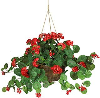 Photo 1 of Nearly Natural 6609-RD 24in. Geranium Hanging Basket Silk Plant,Red,10.25" x 10.25" x 17.5"