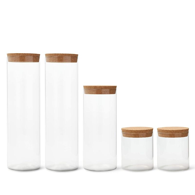 Photo 1 of *MISSING 2 jars*
Buni Products Glass Storage Jar with Cork Lid - Spaghetti, Pasta, Cereal, Candy, Cookie, Coffee, Sugar, Rice, Other Food Storage in Bulk - 5 Piece Set of Glass Canisters, Kitchen, Pantry - Organization Container
