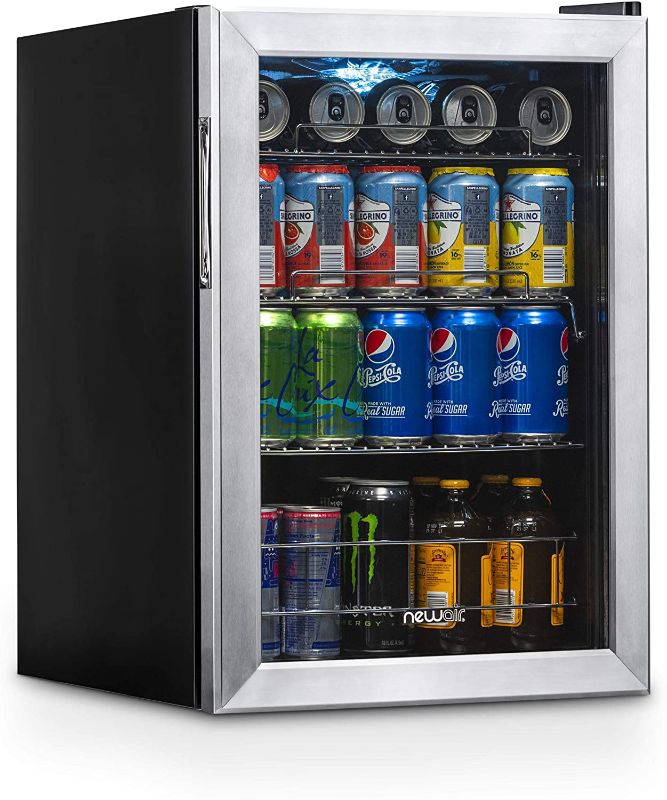 Photo 1 of *SEE last picture for damage*
NewAir Beverage Refrigerator Cooler with 90 Can Capacity - Mini Bar Beer Fridge with Right Hinge Glass Door - Cools to 34F - AB-850 - Stainless Steel, 17" D x 18.50" W x 25.20" H
