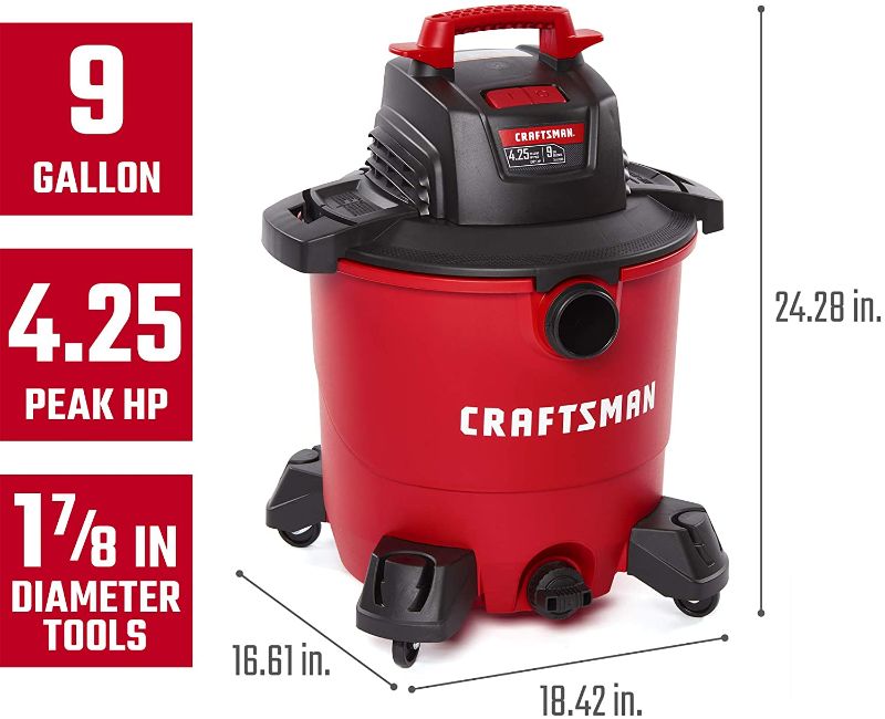 Photo 1 of *USED*
*MISSING dust bag and car nozzle*
CRAFTSMAN CMXEVBE17590 9 Gallon 4.25 Peak HP Wet/Dry Vac, Portable Shop Vacuum with Attachments , Red
