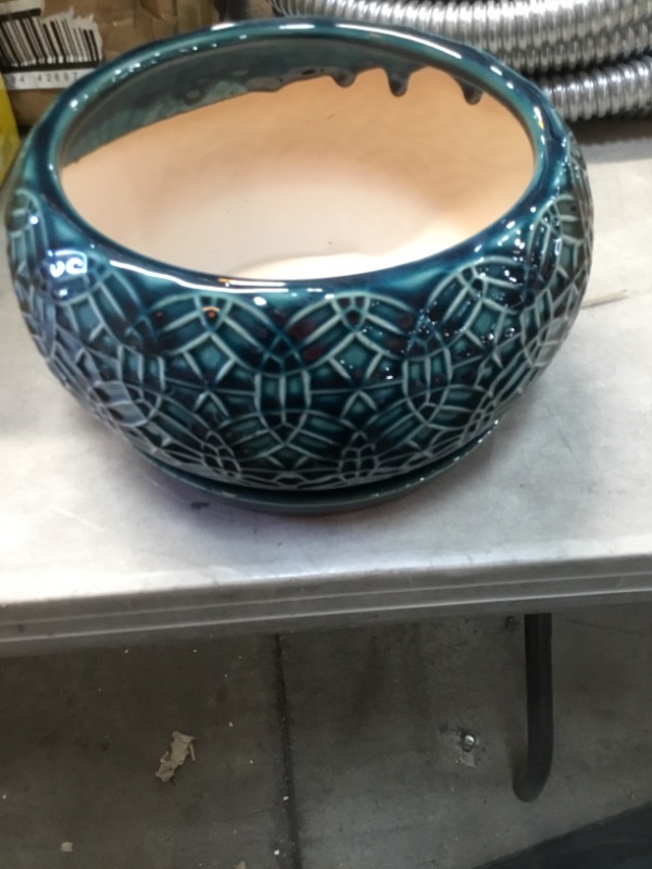 Photo 1 of 10 in. Dia Blue Rivage Ceramic Bowl Planter
