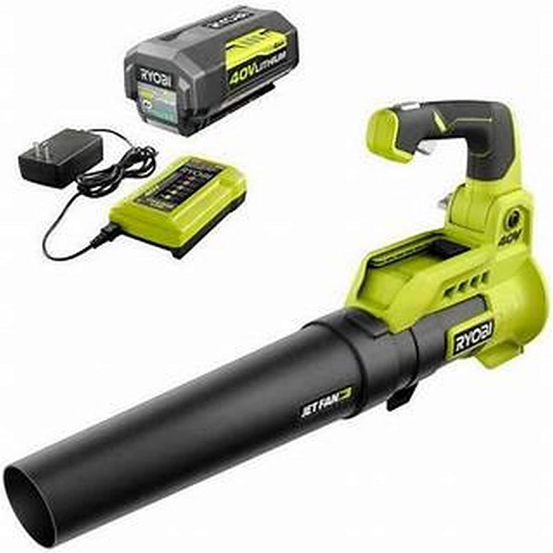 Photo 1 of *USED*
*SEE last picture for damage*
RYOBI 40V 110 MPH 525 CFM Cordless Battery Variable-Speed Jet Fan Leaf Blower with 4.0 Ah Battery and Charger