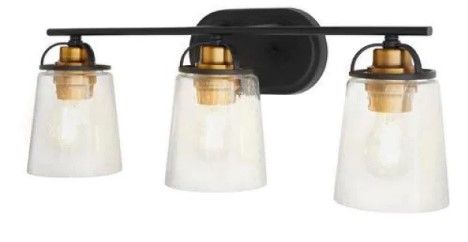 Photo 1 of *light bulbs NOT included*
*MISSING a glass shade* 
Home Decorators Collection Goddard 23.1825 in. 3-Light Bronze with Vintage Brass Industrial Bathroom Vanity Light Accents and Clear Seeded Glass
