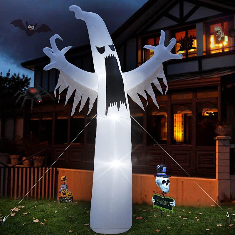 Photo 1 of 12FT Halloween Inflatable White Ghost Decoration, Funlarea Scary Terrible White Ghost Toy with LED Lights, Outdoor Blowup Yard Decor, Indoor Family Holiday Party Lawn Garden Inflatable Doll decoration
