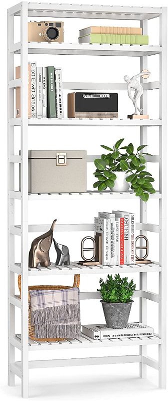 Photo 1 of Homykic Bookshelf, 6 Tiers Bamboo Adjustable Tall Bookcase Book Shelf Rack Organizer Shelving Unit Free Standing Storage for Living Room, Study, Kitchen, Bedroom, Balcony, Office, Bathroom, White
