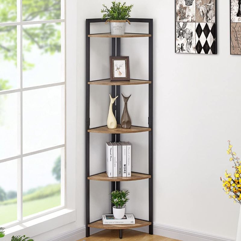 Photo 1 of FATORRI Industrial Corner Bookshelf, 5 Tier Tall Corner Bookcase, Wood and Metal Corner Shelf Stand (Rustic Oak)…
