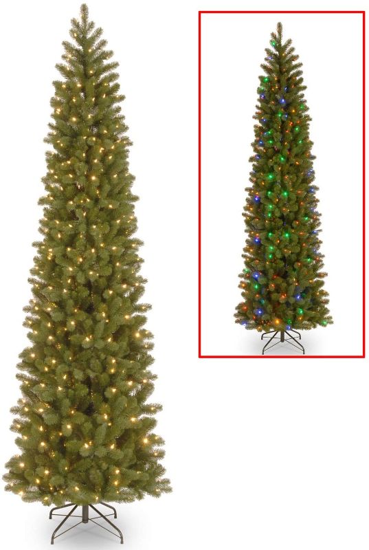 Photo 1 of National Tree Company Pre-Lit 'Feel Real' Artificial Slim Downswept Christmas Tree, Green, Douglas Fir, Dual Color LED Lights, Includes PowerConnect and Stand, 9 feet
