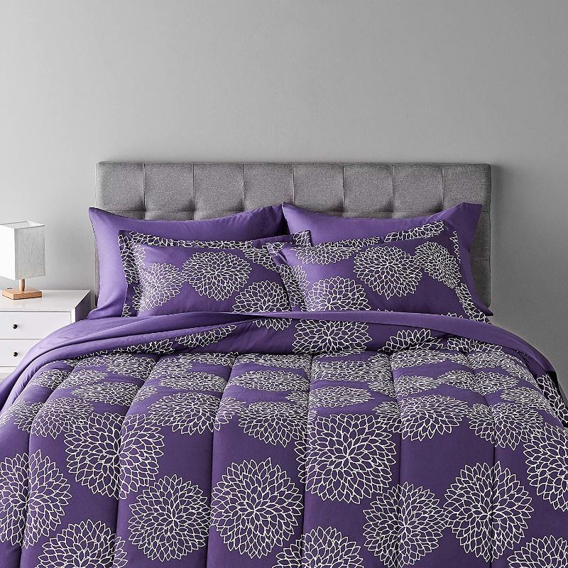 Photo 1 of Amazon Basics 7-Piece Lightweight Microfiber Bed-In-A-Bag Comforter Bedding Set - Full/Queen, Purple Floral
