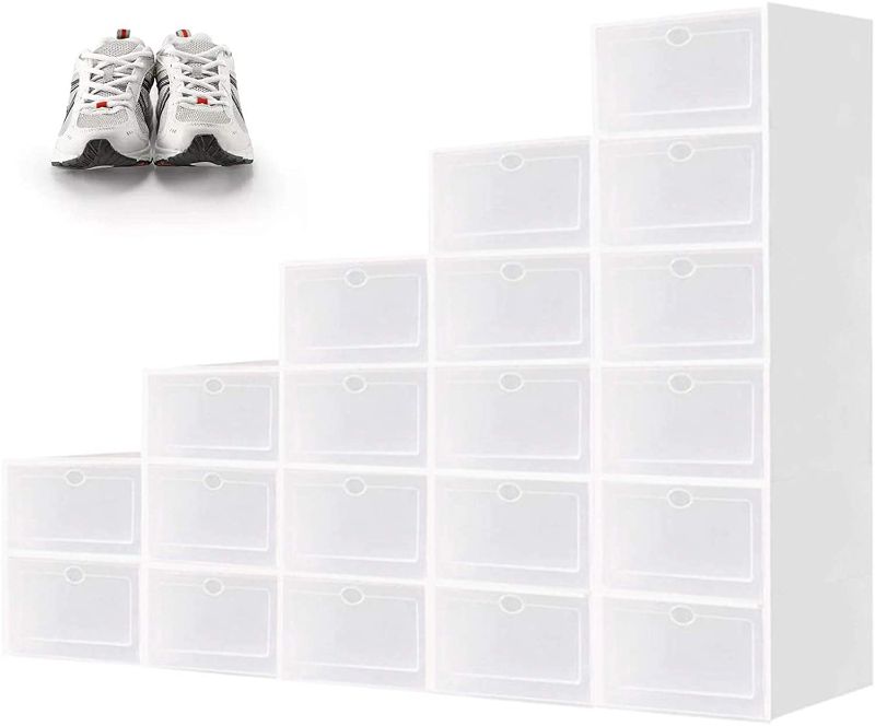 Photo 1 of 20 Packs White Shoe Storage Boxes, Shoe Organizer Storage Containers, Clear Plastic Stackable Shoe Boxes for Boots, Sneaker Need to be Assembled

//SOME DAMAGE ON ITEM 
