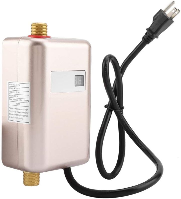 Photo 1 of Tankless Water Heater - 3000W Mini Electric Instant Water Heater Under Sink with LCD Display for Home Kitchen Washing US Plug 110V, 7.87 x 4.13inch Wall Mounted (Gold) 30-55?
