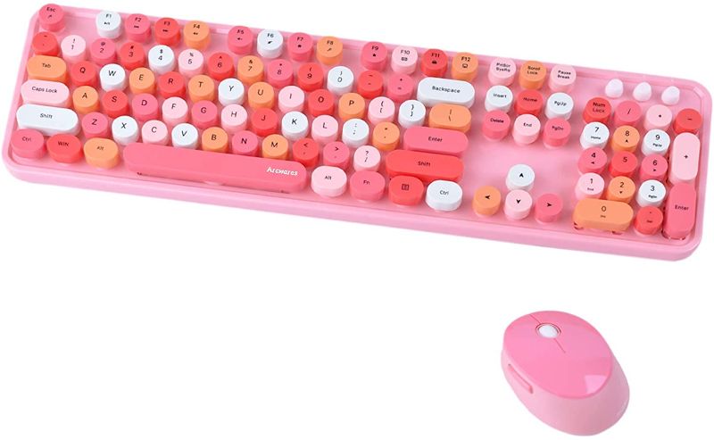 Photo 1 of Arcwares Wireless Keyboard and Mouse Combo, 2.4G USB Ergonomic Keyboard, Cute Round Retro Typewriter Keycaps for Computer, Laptop, Desktops, PC, Mac(Pink Mixed Style Keyboard + Mouse)
