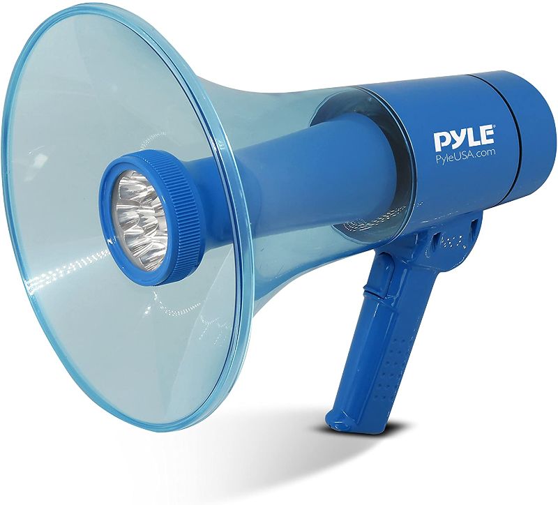 Photo 1 of Pyle Portable Compact PA Megaphone Speaker w/ Alarm Siren, Adjustable Volume, 40 W Handheld Lightweight Marine Grade Waterproof Bullhorn, LED Flashlight, AA Battery Powered, Indoor Outdoor (PMP66WLT)
