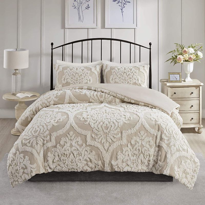 Photo 1 of Madison Park Tufted Chenille 100% Cotton Duvet Modern Luxe All Season Comforter Cover Bed Set with Matching Shams, King/Cal King(104"x92"), Viola, Damask Taupe 3 Piece
