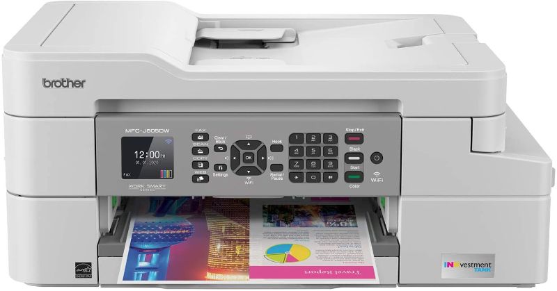 Photo 1 of Brother MFC-J805DW XL Extended Print INKvestmentTank Color Inkjet All-in-One Printer with Mobile Device and Duplex Printing with Up To 2-Years of Ink In-box , White
