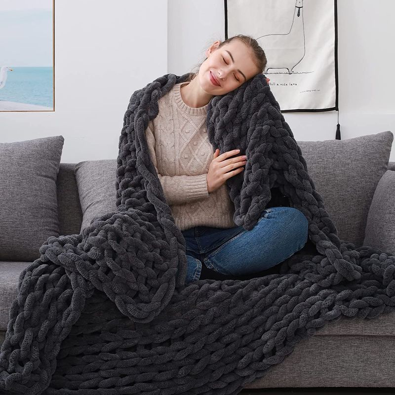 Photo 1 of ZonLi Chunky Knit Blanket, 60''x 80''-Handmade Large Soft Cable Knitted Throw Blankets, Boho Fluffy Thick Tightly Super Soft Woven Blanket, Chenille Blanket for Sofa, Chair, Bed (Dark Grey)
