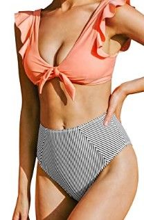 Photo 1 of MEDIUM* Different style top. 
CUPSHE Women's Bikini Swimsuit High Waisted Peachy Ruffled Striped Bikini Set
