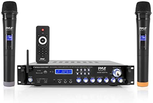 Photo 1 of Pyle PWMA4004BT Powerful 3000 Watt 4 Channel Bluetooth Hybrid Amplifier Receiver with 2 Battery Powered Handheld Microphones 