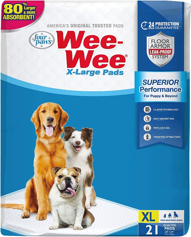 Photo 1 of 
Four Paws Wee-Wee Pee Pads for Dogs and Puppies l Gigantic, XL, Standard & Little Absorbent Pee Pads for Training Puppies, Leak-Proof 6-Layer Technology...
Size:21 Count
Style:XL